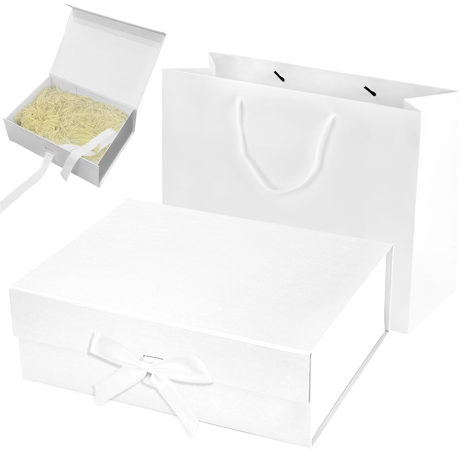 Geschenkdoos met deksel, 26 x 19 x 8 cm, magnetische geschenkdoos met strik, geschenkverpakking voor bruiloft, verjaardag, Kerstmis, jubileum, wit, 2 stuks