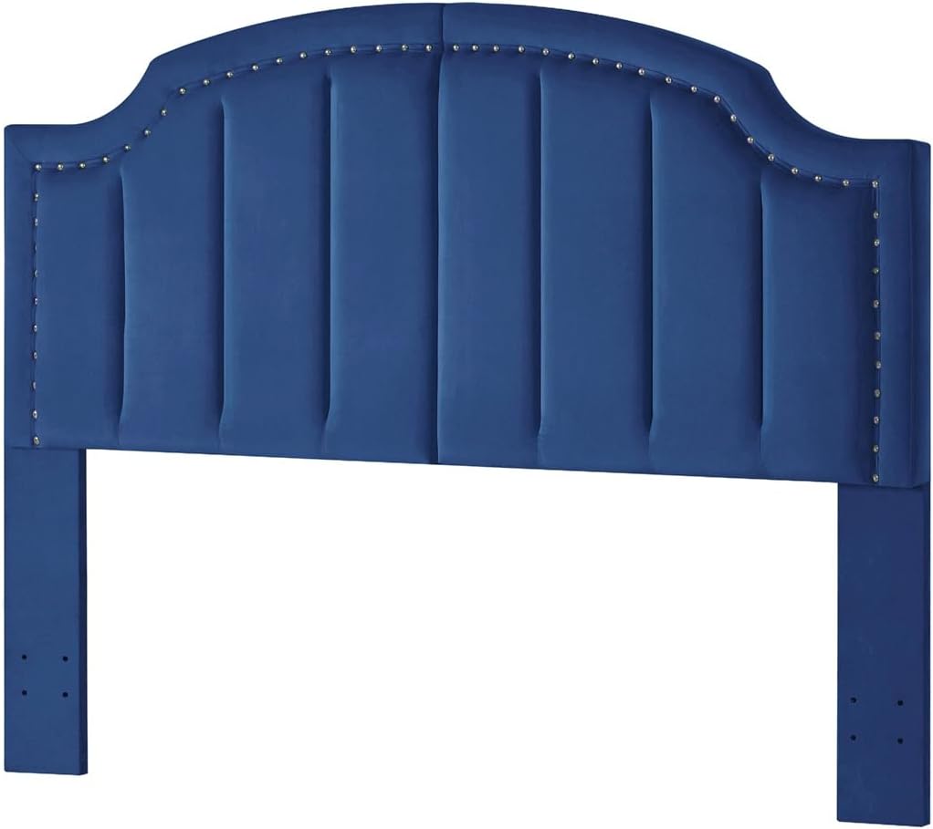 24KF Upholstered Channel Pattern Queen Headboard with Silver Nailhead Trim, Comfy Velvet Headboard Queen/Full, 6052-Q-Navy