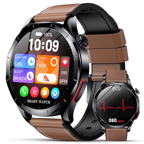 Lgnitek 2026 Neu Smartwatch Herren mit EKG/HRV/ΒΙυτｚυcker/BMI/Harnsäure, 1,43' AMOLED Gesundheitsuhr mit 24H ΒΙυtdrυck SpO2 Apnoe Schlafmonitor SOS-Notruf Fitnessuhr Android/iOS, Braun Lederarmband