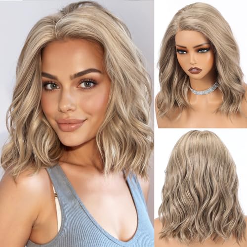 HAIRCUBE Peluca sintética de encaje en T frontal, peluca sin pegamento con separación lateral para mujeres, peinado ondulado de 35 cm hasta los hombros para el día a día, fiestas y citas (rubio ceniza