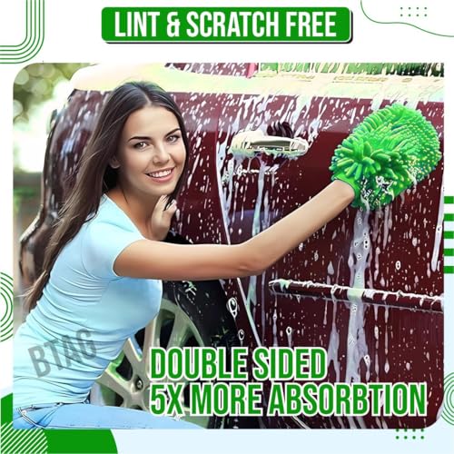 Image of Btag Double Sided Microfibre Wash Mitt Cleaning Gloves (2 Pcs, 2400 GSM, Size 26 X 19 Cm, Extra Large, Super Absorbent, Big Chenille Mitt Glove) (Green)