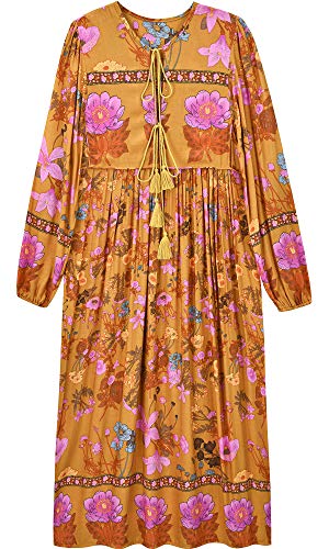 UIMLK Boho Maxi Dresses for Women Casual Summer, Cotton Long Sleeve Floral Print Tassel Bohemian Midi Dresses with Pockets (Multicolor-32, Small)