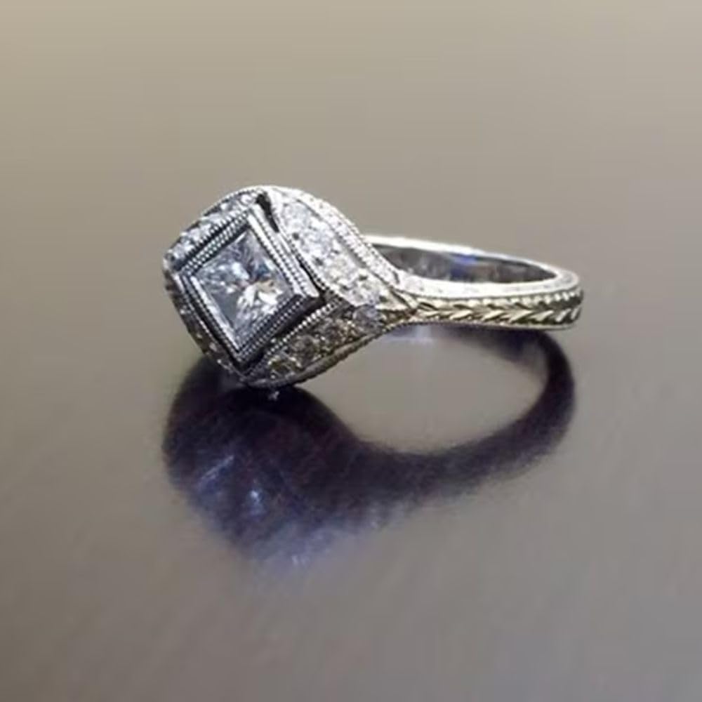 1 Ct Princess Cut Diamond Bezel Set Edwardian Art Deco Unique Design Retro Vintage Style Estate Ring For Women 14K White Gold Plated Antique Ring Solid 925 Sterling Silver Valentine Jewelry