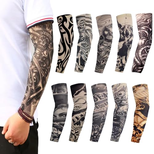 QSZHSL 10 Piezas Falsas Mangas de Tatuaje, Manga Tatuajes Brazo para Hombres, Tatuajes Temporales Brazo Medias Tatuaje Temporal Mangas para Fiestas de Disfraces Carnaval, Elástica Decorados Mangas