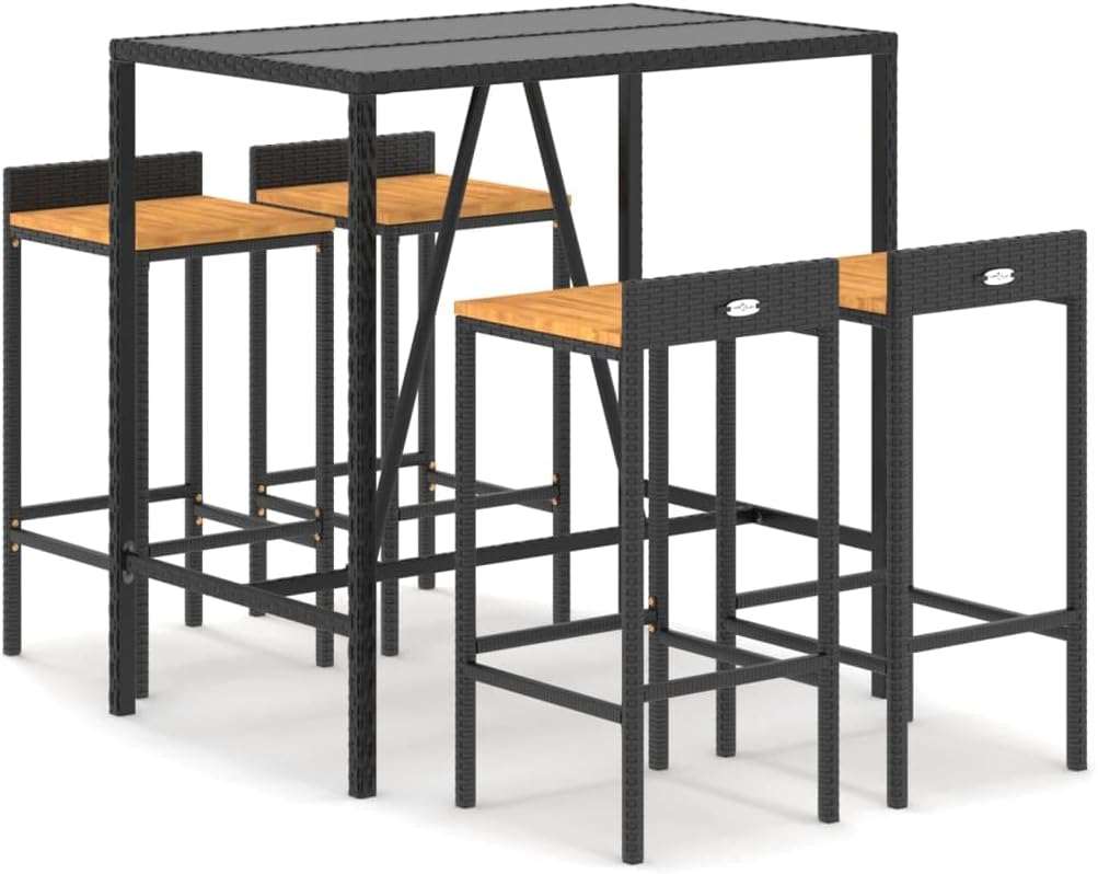 5 Piece Patio Bar Set Black Poly Rattan& Solid Wood Acacia, Garden Furniture Sets