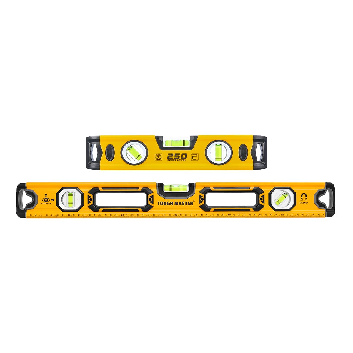 Tough Master Heavy Duty Magnetic Scaffold Spirit Level Builders Level with Horizontal Vertical Bubble Vials for Scaffolding Construction Metal Framework (Spirit Level 2Pcs 250mm, 600mm)