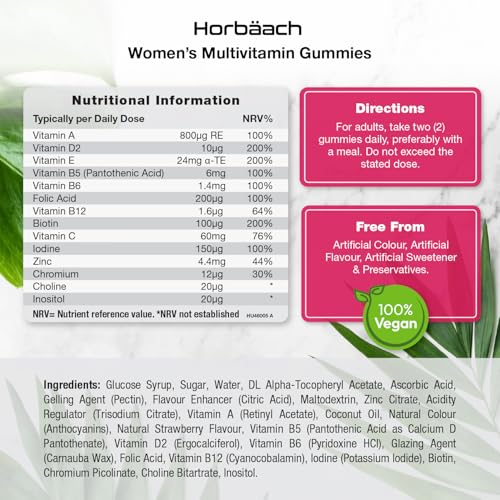 Multivitamin Gummies for Women | 14 Active Ingredients | with Zinc, Vitamins C, Biotin, B6, B12, B9 (Folic Acid) & More! | Hair, Skin and Nails | 60 Vegan Gummies - Natural Strawberry | by Horbaach - Image 4