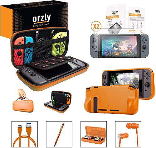 Orzly Nintendo Switch Accessoire, Pack de (Étui Rigide pour Switch, Protecteurs d'écran en Verre Trempé, Câble Type C, Coque Comfort Grip, Écouteur, Stylo, Boite de Jeux) Orange