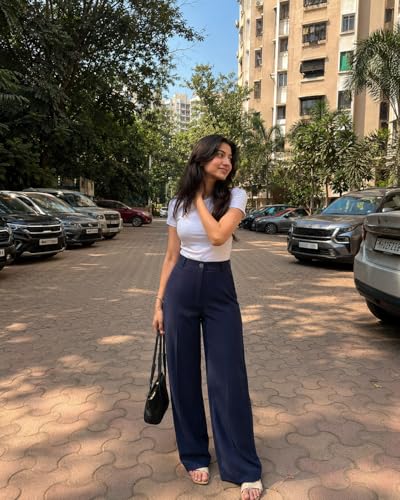 Image of Korean Pants for Woman | High Waist Wide Leg Trouser | Formal Office Casual Wear | Zero See-Through Semi-Stretchable Fabric