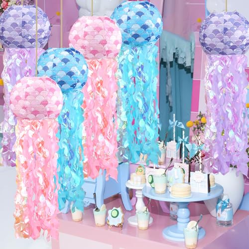Image of 6pcs Jellyfish Paper Lanterns Blue Pink Purple Under The Sea Party Decorations for Mermaid Ocean Themed Birthday Party Decorations Baby Shower Classroom Decor
