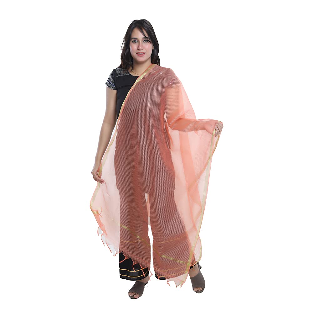 SILKCASA Women's Dupatta Stole Scarf - Art Silk Blended Solid with Bordered Chunni / Shawl (Salmon)