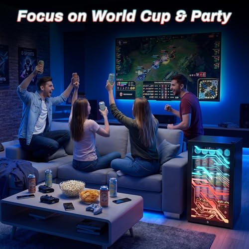 Image of Velivi Gaming Light Up Glass Door Beverage Refrigertor, 3.2 Cu Ft Gaming Mini Fridge with Led RGB Lights Lockable Mini Fridge For Soda Beer, Drink Cooler Cyberpunk Gaming Rooms Bar Home Party