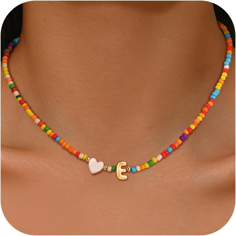 Colorful Initial Necklaces for Girls Women, 14K Gold Plated Bubble Initial Pendant Heart Shell Necklace Jewelry Valentines Gifts for Teen Girls Kids