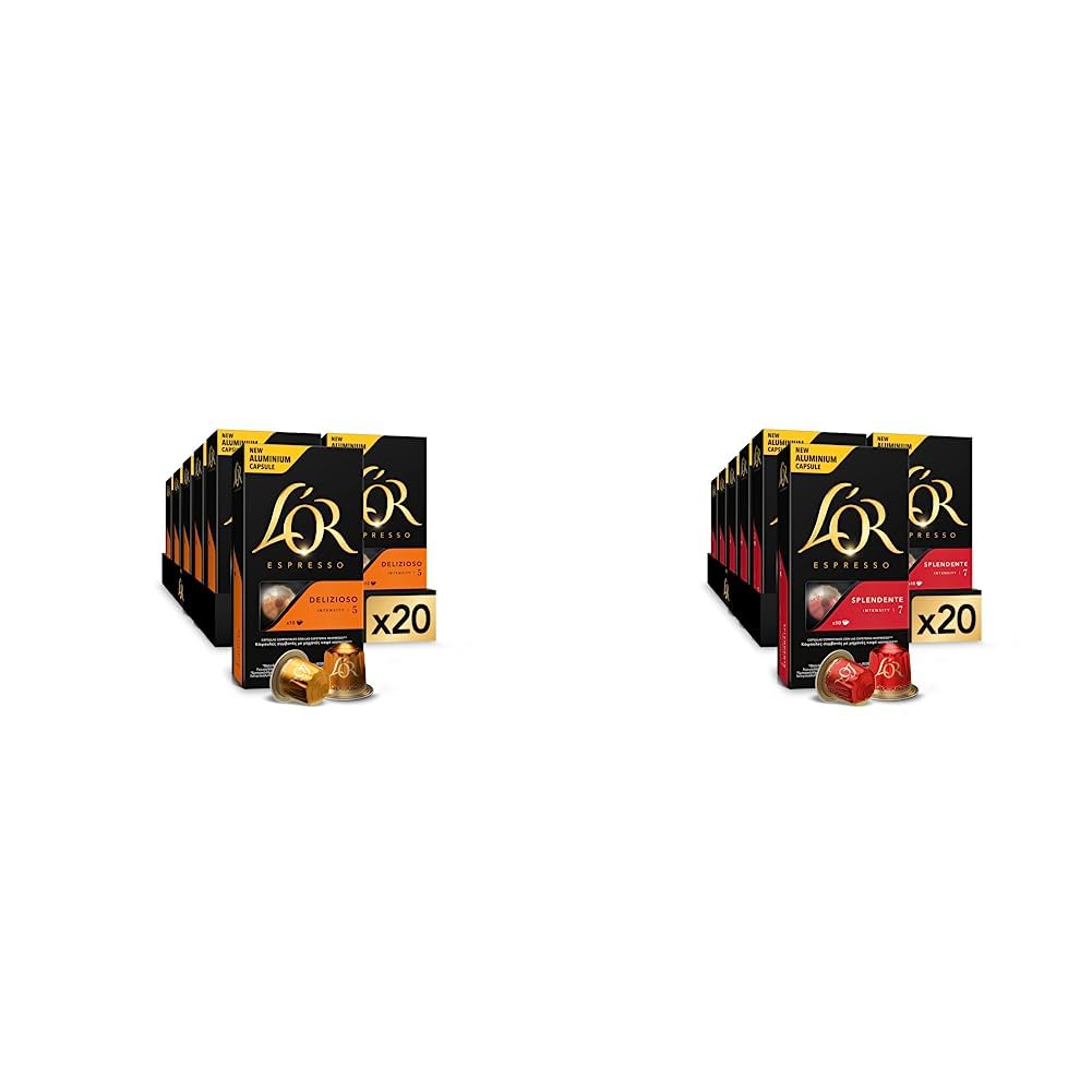 L'OR Espresso Cápsulas de Café Delizioso | Intensidad 5 | 200 Cápsulas Compatibles Nespresso (R)* & Espresso Cápsulas de Café Splendente | Intensidad 7 | 200 Cápsulas Compatibles Nespresso (R)*