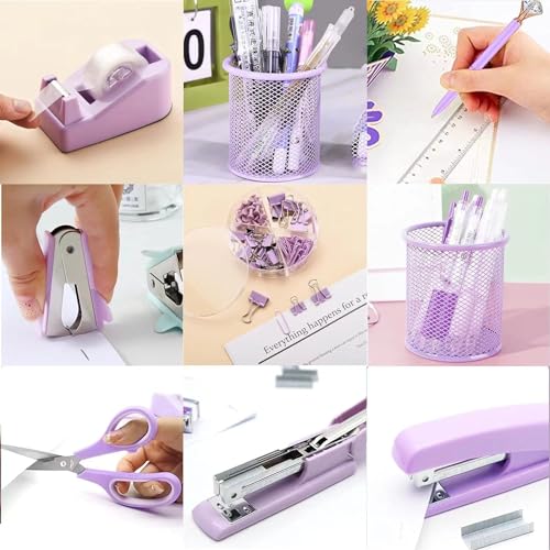 Image of Purple Desk Accessories, Pink Office Supplies Set with Stapler, Tape Dispenser, Staple Remover, Pen Holder, Scissor, Binder /Paper Clips, Ballpoint Pen, Clear Tape and 1000pcs Staples