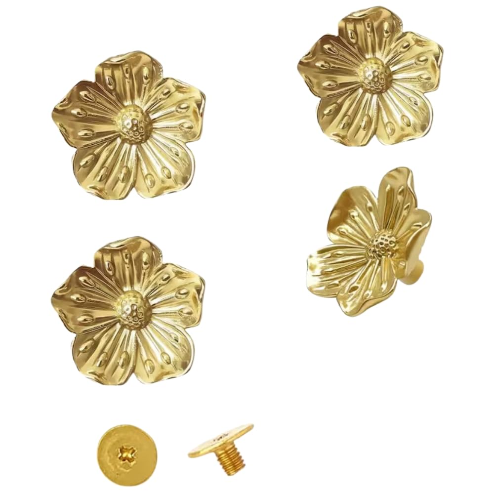 Gold Flower Drawer Knob Pull - Decorative Floral Metal Cabinet Hardware, Gold Cupboard Handles and Knobs for Dresser Drawers, Elegant Wardrobe Door Knobs, Gold Handles for Cupboards & Draws (4)
