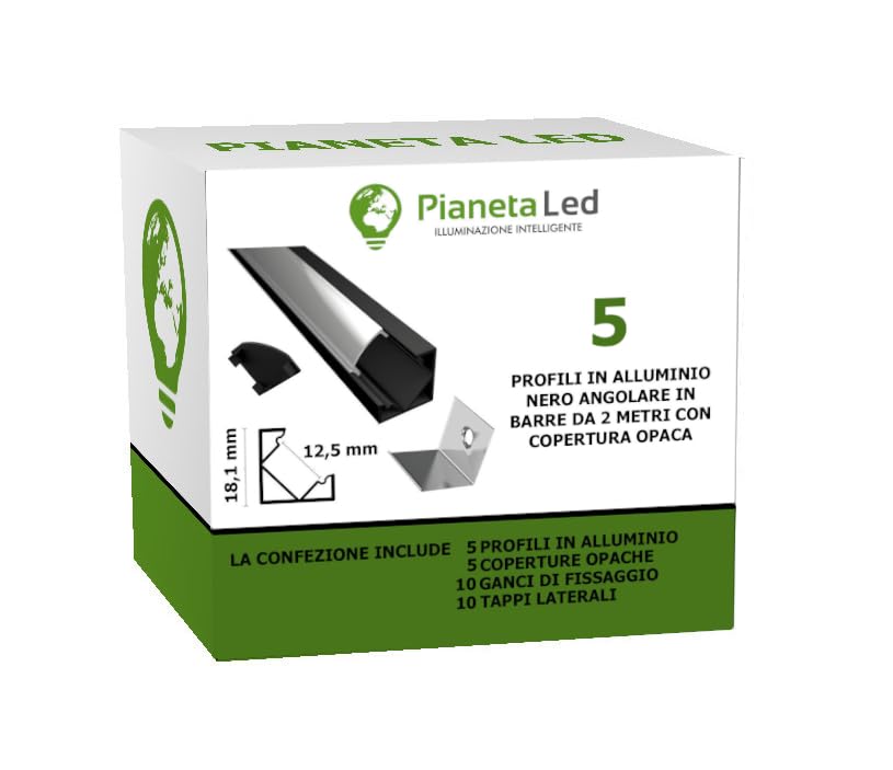 Perfil de 45° de aluminio negro 6063, modelo TL1919 - Barras de 2 m para tiras de LED con tapa mate (remates y ganchos de montaje incluidos) cover opaca