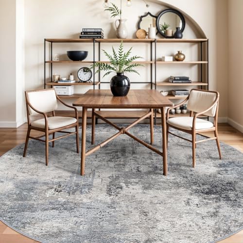 RUUGME Washable 9ft Round Area Rug - Living Room Large Abstract Area Rug Soft Indoor Low Pile Carpet for Bedroom, Dining Room Non-Slip Backing Stain Resistant Distressed Decor Washable Mat 9ft Blue