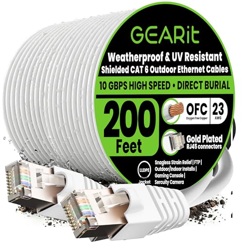 Image of GEARit Cat6 Outdoor Ethernet Cable (200ft) 23AWG Pure Copper, FTP, LLDPE, Waterproof, Direct Burial, In-Ground, UV Resistant, POE, Network, LAN, Internet, Cat 6, Cat6 Cable - 200 Feet