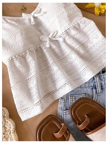 Girl's Boho Bowknot Hollow Out Camisole Tops Spaghetti Strap V Neck Babydoll Crop Top4