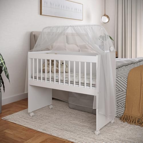 Mini Berço Com Rodas Colchão E Suporte Mosquiteiro Moisés Multifuncional Mini Chiqueirinho Variável Mesinha Versátil (Branco)