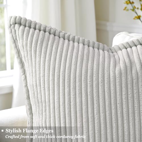 decorUhome Corduroy Grey Throw Pillow Covers 22x22 Set of 2 Decorative Soft Boho Striped Neutral Euro Farmhouse Couch Pillow Cases with Broadside for Living Room Bed Sofa