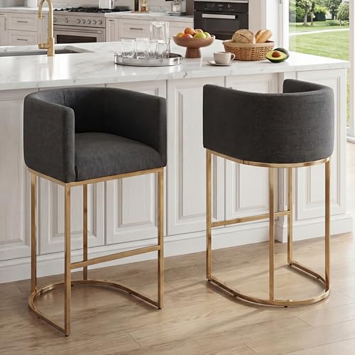 Image of HNY Modern Barrel Counter Height Bar Stools Set of 2, 29 Inch Charcoal Linen Kitchen Barstools with Back for Island, with Gold Metal Tubular Frame