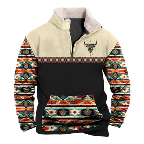 domirica Aztec Shirts for Men Cowboy Boho Quarter Zip Up Graphic Fall Winter Tops Casual Oversized Crewneck Sweatshirt Lightweight Retro Ethnic Vintage Clothes Cotton Sweater,XL