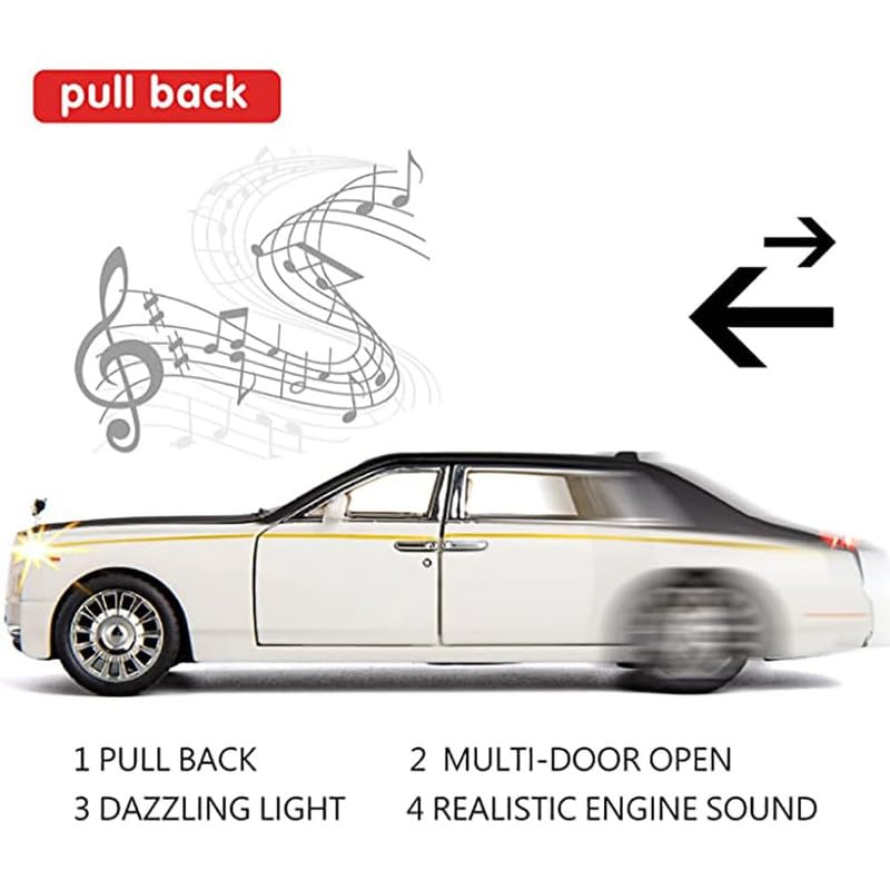 Image of PINQUE Kids Diecast Metal Car 1:32 R Royce Phantom, Silver, Pull Back, Openable Doors, Music Sound, Light, Boys 4+