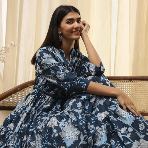 Image of Biba Women's Cotton 3 /4 Sleeves Calf Length Band Collar A-Line Floral Printed Casual Dress