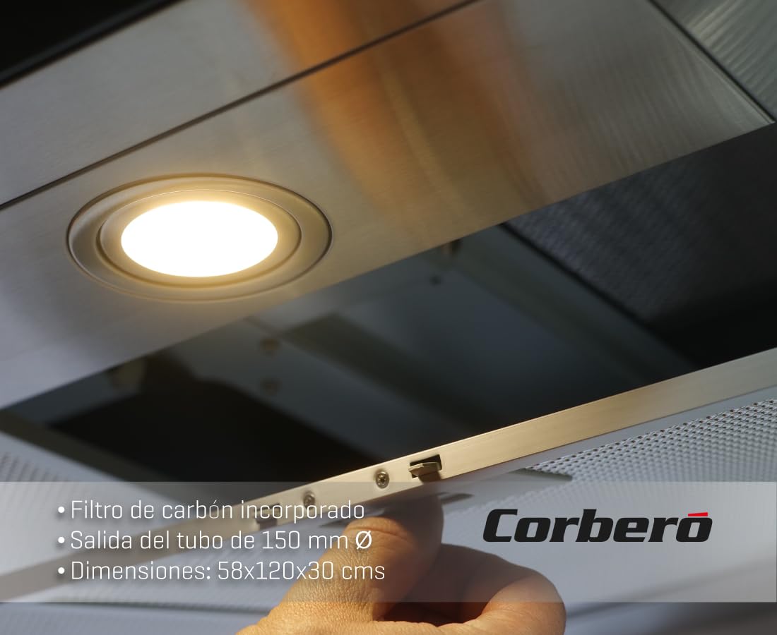 Corberó - Campana Isola | 1200 cm | RODAS12000 | Portata 1000 m3/h, 3 velocità, filtro alluminio 3 strati, filtro carbone | E.Energetica A++ | Inox