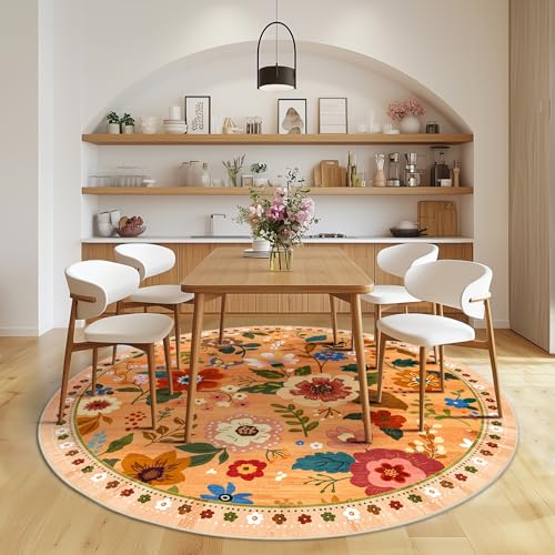 Floral 4ft Area Rug Machine Washable Soft Print Boho Carpet Non Slip Doormat Low Pile Flower Area Rugs for Living Room Bedroom Nursery Kitchen Dining Room Indoor-Yellow/Orange