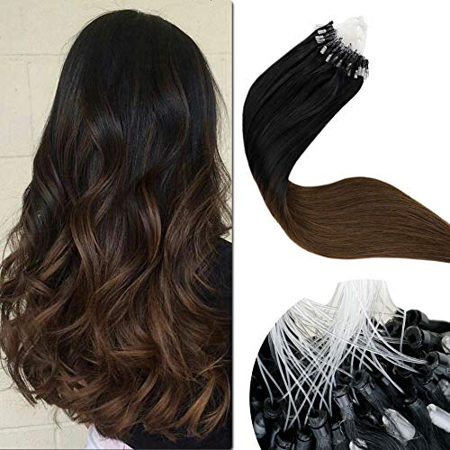 LaaVoo 16inch Micro Loop Hair Extensions Human Hair Ombre Black to Brown Silky Straight Microbeads Links Remy Hair Silicone Micro Beads Stick Tip Hair Extensions 50g/50s#1B/6