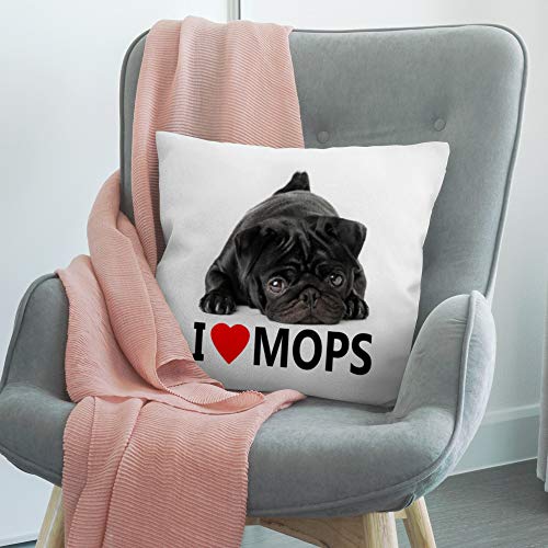 printplanet® Kopfkissen Mops, Kissen mit Füllung I Love Mops, 40 cm, 100% Baumwolle