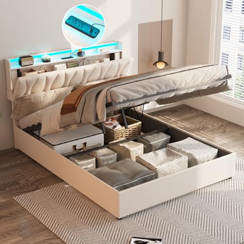 Fameill Queen Size Lift Up Storage Bed Frame with Adjustable Headboard, Charging Station, LED Lights, Wood Slats, Noise-Free, No Box Spring Needed, Beige