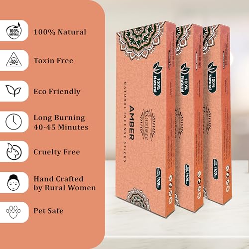 Image of Raajsee Amber Incense Sticks 100 Gm Pack-100% Pure Organic - Natural Hand Rolled Free from Chemicals-Insence for Church,Relaxation, Meditation & Sensual Therapy