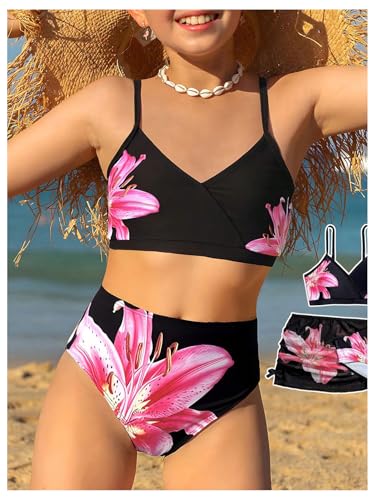 Image of BEAUDRM Girl's 3 Piece Floral Print Halter Triangle Bikini Set Cute Swimsuits with Cover Up Beach Skirt