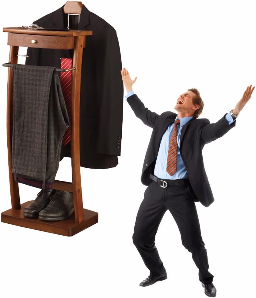 Suit Valet Stand Hanger with Sturdy Base, Wooden Valet Stand Men Suits Stand, Suit Stands Butler Clothing Racks, with Trouser Bar Jacket Hanger Tray Organi