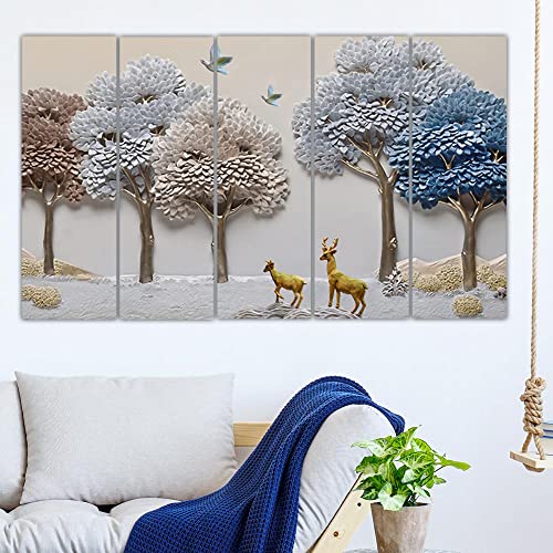 Image of Maxstone Beautiful Goldan Deer With Tree Nature Wall Painting Animals Painting Multiple Panlas Living Room,Bedroom,Office Big Size Wall Painting Set Of-5 Big Size (30x60 inch) M1258