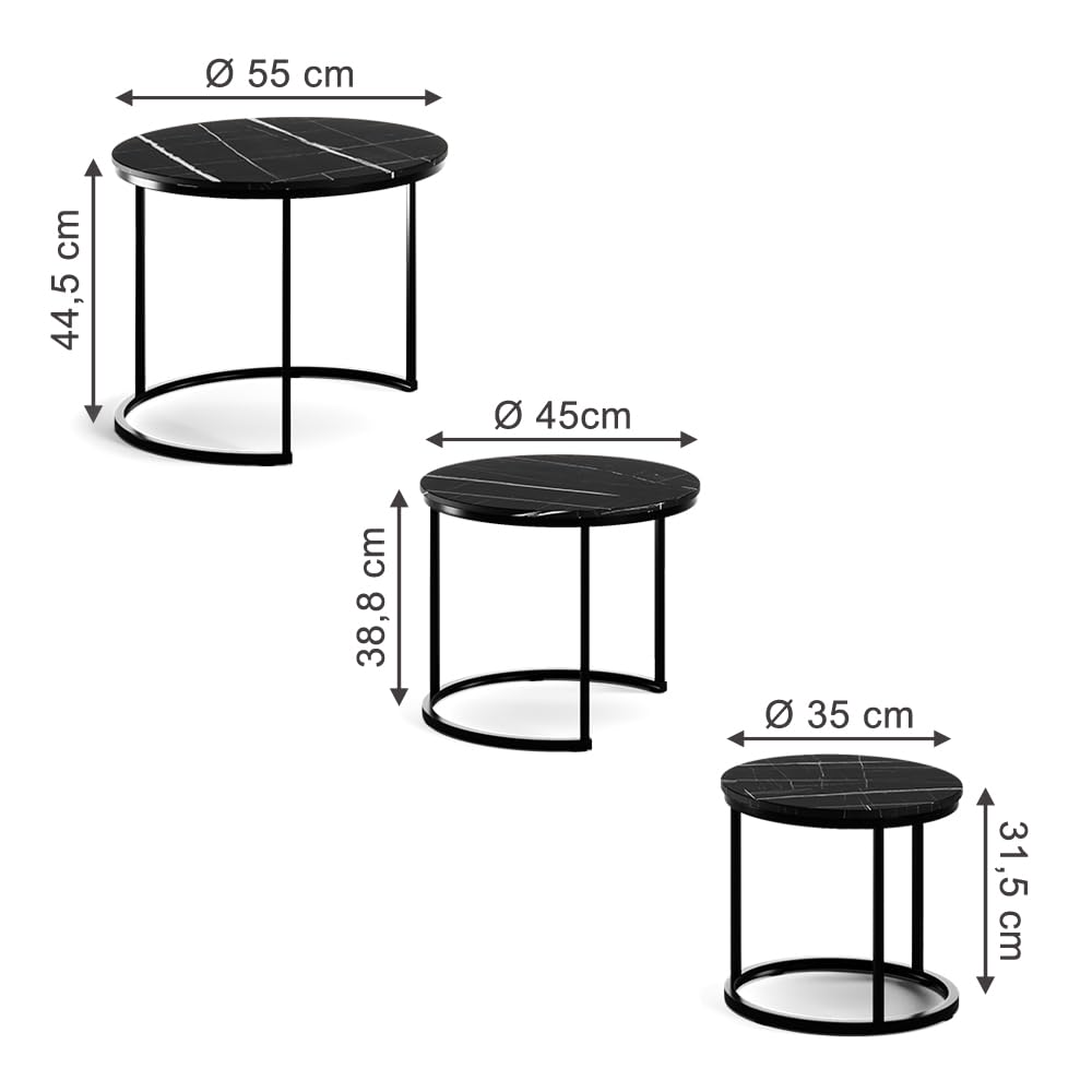 Vicco Set di tavolini da caffè Montreal, Marmo nero, 55 x 55 cm 3 parti, salvaspazio, pieghevole e combinabile in modo versatile