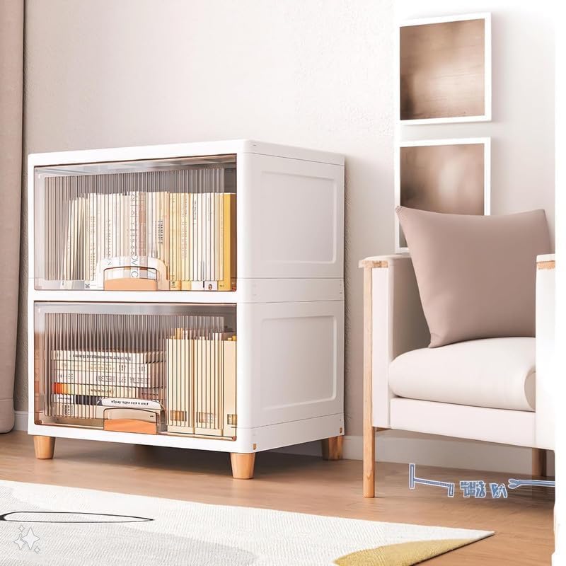 Image of Strassis Design 2 Pack Plastic Cupboard for Storage, Multipurpose Stackable Cabinet Drawer, Foldable Wardrobe Organizer for Clothes, Kitchen Storage Cabinet, Modular Almirah with Magnetic Door(Beige)