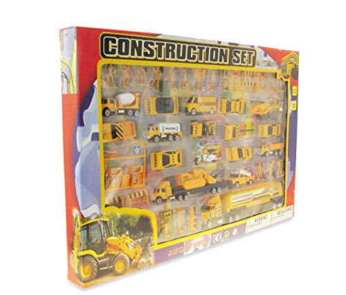 Mozlly Diecast Mini Construction Crew Theme Assorted Vehicles Figures Variety Accessories for Boys Kids Children Pre-Kindergarten Toys Games 42 Piece Play Set Ideal Gift Vehicle Playsets