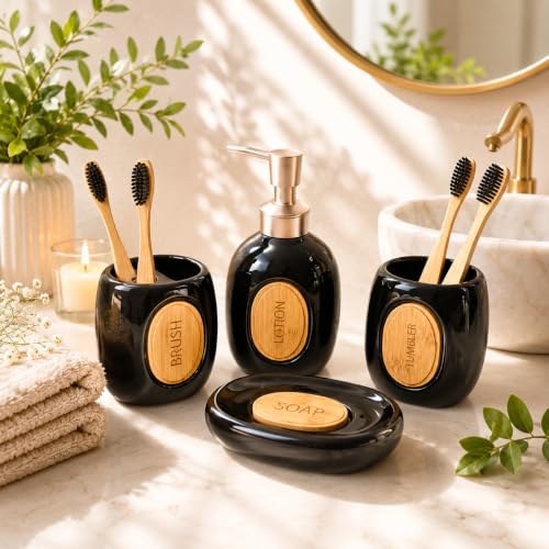 Image of Market99 Ceramic Bathroom Set Glossy Black with Sophisticated Classic Text Pattern, Includes Soap Dispenser, Tumbler, Toothbrush Holder, and Soap Dish for Coordinated Bathroom Style, 400 ML Capacity
