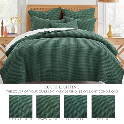 Image of Levtex Home Mills Waffle Queen Bedspread Set (104x106in) with 2 Pillow Shams (26x20in) - Forest Green - 100% Cotton Queen Size Bedspread Set - Lightweight, Soft, Pre-Washed