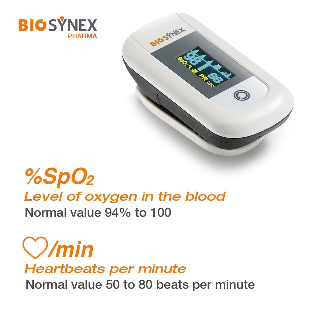 BIOSYNEX - Oxymètre de Doigt avec Mesure du Pouls - Mesure l'Oxygénation du Sang - Evaluation des Fonctions Respiratoires - Pathologies Respiratoires - Athlètes - Altitude - 12 Ans et +