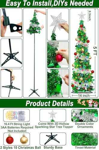 Dual Color Switch&Timer 5 Ft Pop Up Christmas Tree,Tinsel Christmas Tree 50 Warm White&Color Lights 8 Mode Balls 3D Star Sequins Pencil 1 Minute Collapsible Christmas Tree Xmas Office Home Decor