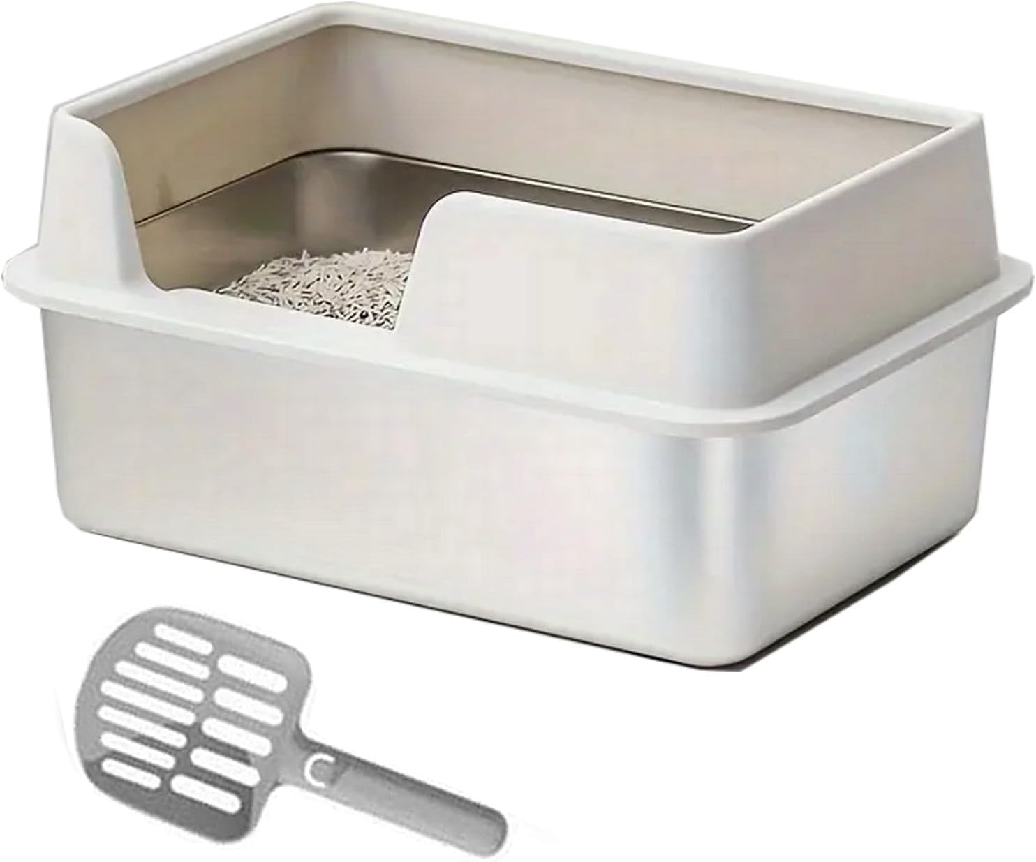Bac à Litière Chat XXL en Acier Inoxydable 50x35x25cm I Semi Ouverte - Anti-éclaboussure - Pelle de Nettoyage Inclus (Blanc Lumineux)