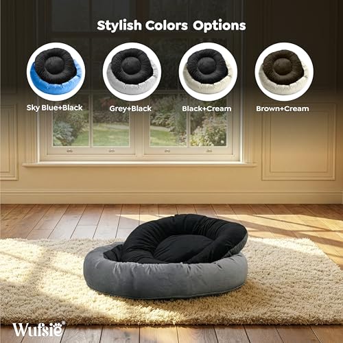 Image of Velvet Dog Bed in Round Shape | Small 60 Cm | Premium Velvet Pet Bed for Cats and Puppies | Soft & Cozy Sleeping Bed for Dog with Removable Insert | Black & Grey