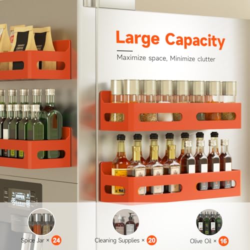Image of Sevenblue 4-Pack Magnetic Spice Rack for Refrigerator with Hooks, Orange | Strong multipurpose magnetic shelf for kitchen & bathroom organization. Includes 4 removable hooks for hanging items.