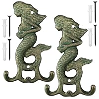 Otoolling 2 Pack Cast Iron Verdigris Mermaid Wall Hooks Vintage Rustic Coat Hooks with Screw Decorative Wall Mounted Antique Christmas Metal Towel Hanger Gifts Nautical Decor for Key Clothes Scarf Bag